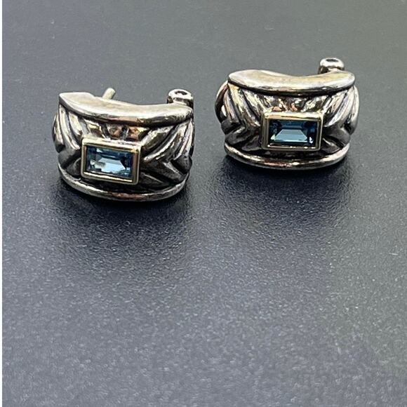 Signed 925 Sterling Silver 14k Yellow Gold Blue Topaz Omega Bali Earrings - Picture 2 of 13